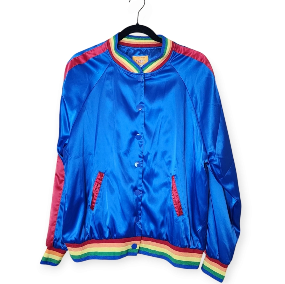 Unique Vintage X Rainbow Brite Royal Blue Satin Bomber Jacket NWT Size XL - Picture 3 of 9